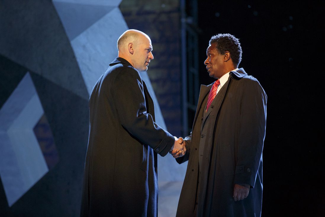 Corey Stoll and John Douglas Thompson in The Public Theater’s Free Shakespeare in the Park production of Julius Caesar<br>